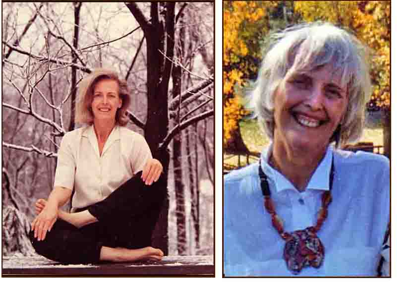 one picture shows Jean Bayard at age 49, wearing a blouse and slacks while sitting crosslegged outside on a table in the snowy woods.  Another picture shows her with grey hair smiling broadly, wearing a necklace with a large tiger.